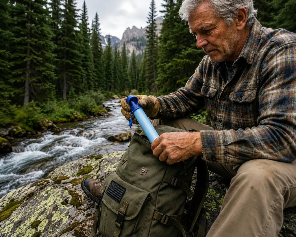 Filtering water on a hike