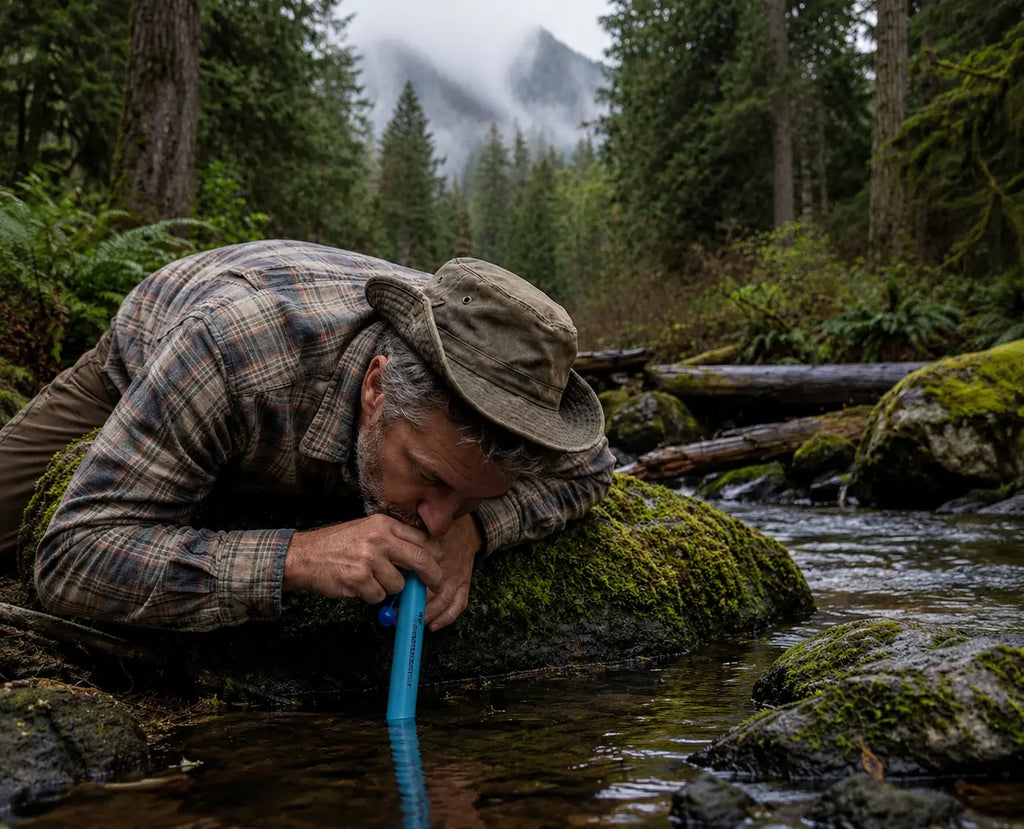 Drinking filtered water at a stream